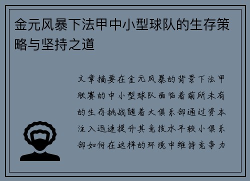 金元风暴下法甲中小型球队的生存策略与坚持之道