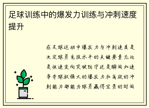 足球训练中的爆发力训练与冲刺速度提升